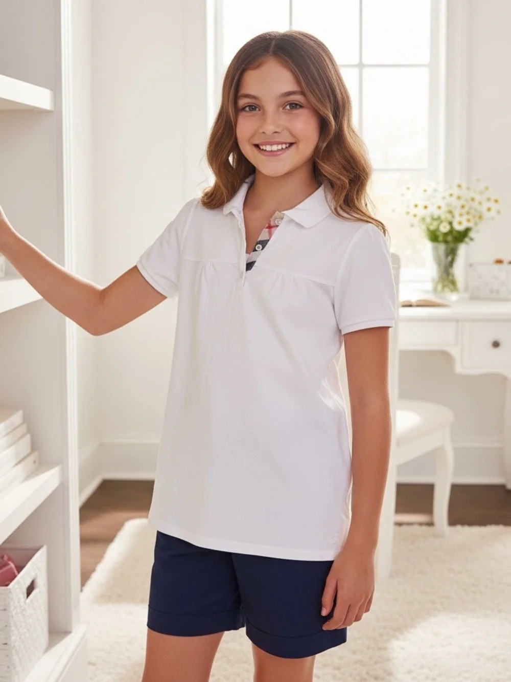 BURBERRY Girls 14 L White Puff Sleeve Polo Shirt Plaid In Collar Pleats R $295